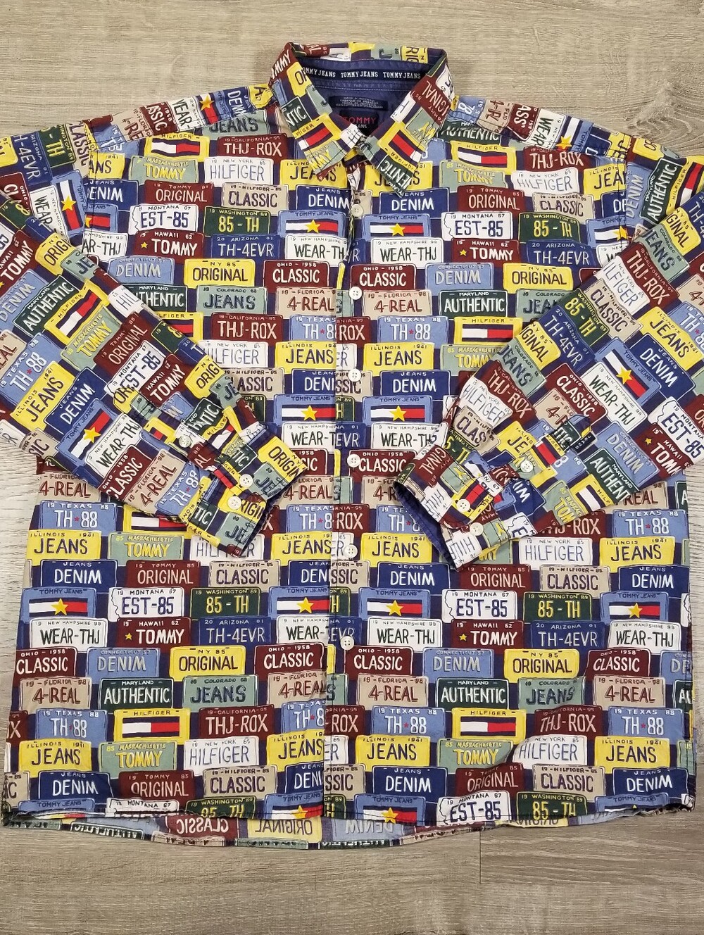 Vintage Tommy Jeans Hilfiger Button Down Shirt License Plate AOP Mens XL